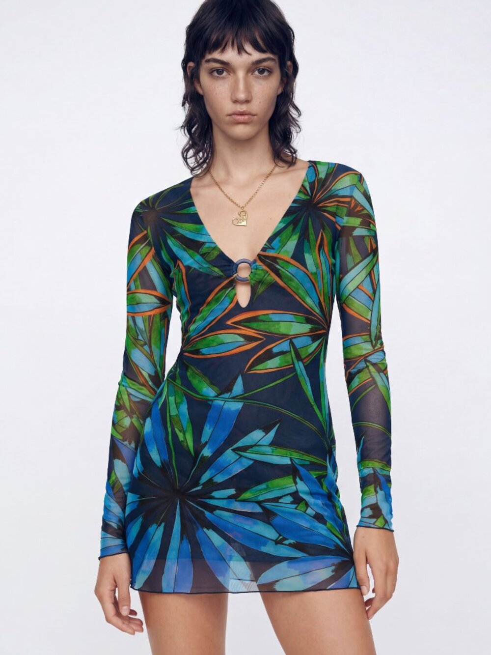 Desigual Tropical Leaf Print Mesh Mini Dress Cover-up Size L